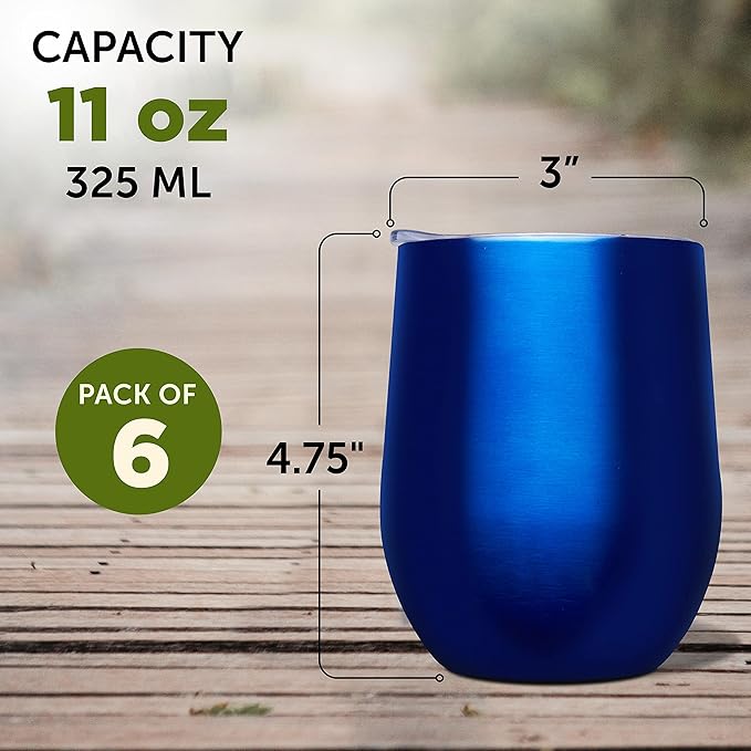 DISCOUNT PROMOS Stemless Wine Glass Tumblers with Lids by Largo 11 oz. Set of 6, Bulk Pack - Perfect for Wine, Cocktails, Other Hot & Cold Beverages - Blue