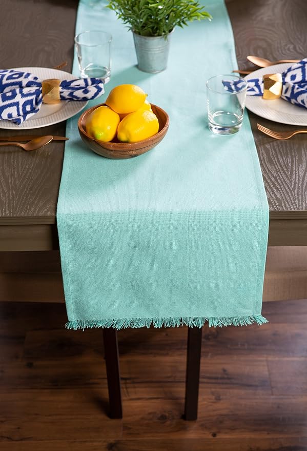 DII Everyday Collection, Fringed Check Tabletop, Table Runner, Solid Aqua - Image 4