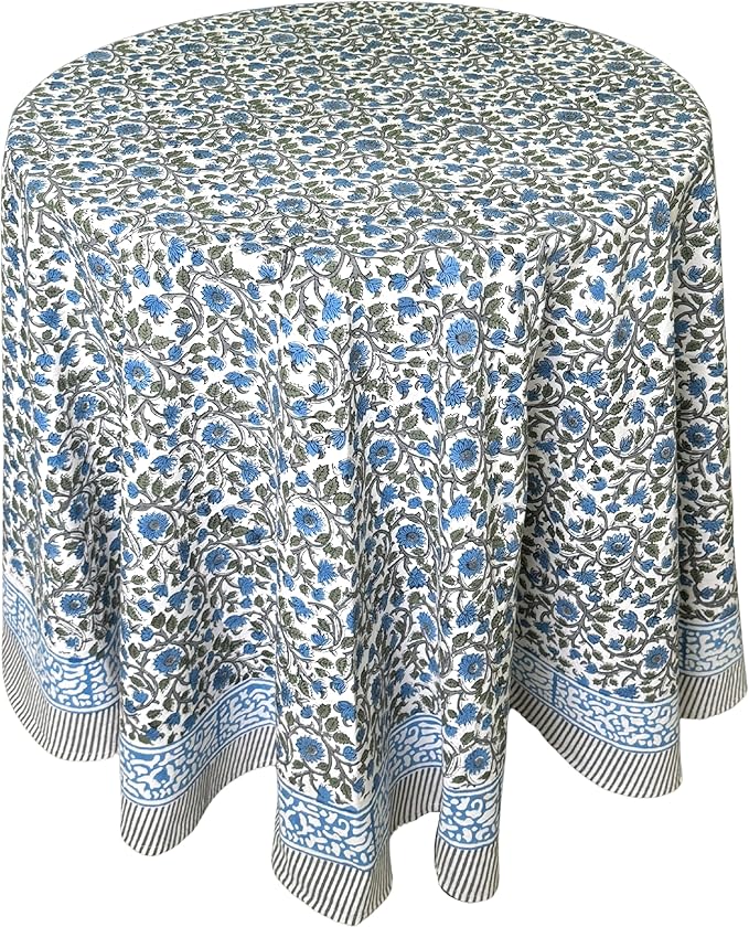 ATOSII Lake Como 100% Cotton Summer Round Tablecloth, Block Print Table Cloth for Dining, Weddings, Outdoors, Parties I Grand Millenial Farmhouse Coastal Boho Home Decor 60" Inches
