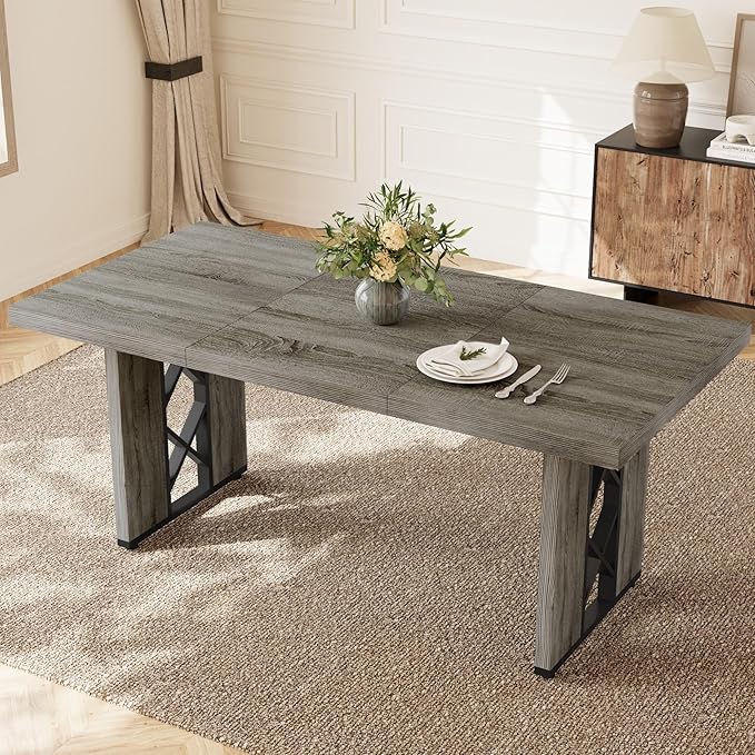 70.8" Farmhouse Dining Table for 6 People, Large Rectangle Kitchen Table with Heavy Duty Legs, Industrial Dining Room Furniture for Dinner, Grey