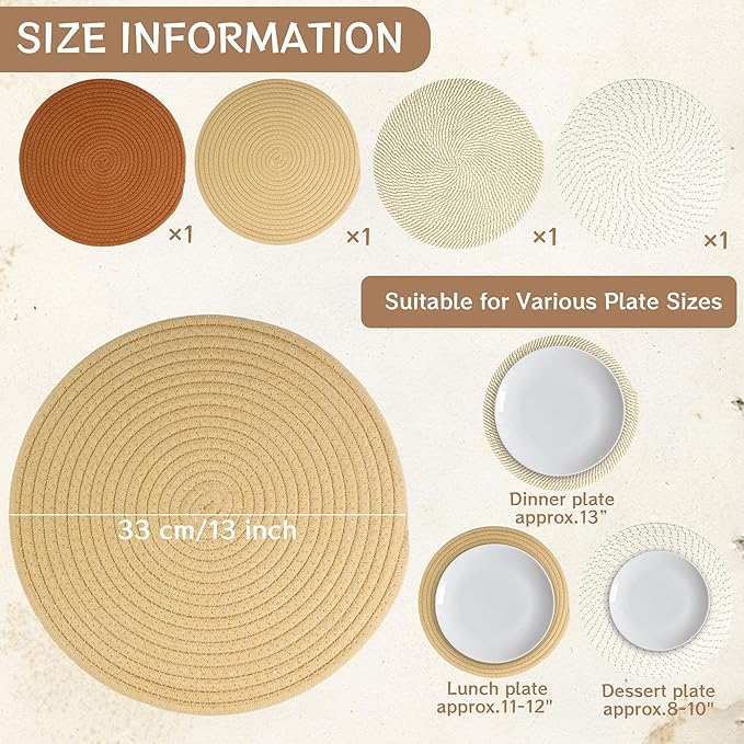 Kochorie Set of 4 Round Woven Cotton Placemats, 13 Inch Boho Table Mats for Kitchen and Dining Table, Farmhouse Heat Resistant Washable Trivets, Fall Thanksgiving Christmas Décor (Mixed Brown)