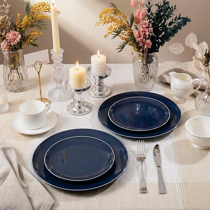 KIRE 200PCS Blue Plastic Plates with Silver Rim - Navy Blue Plastic Plates Include 100 Dinner & Dessert Plate - Heavy Duty Dark Blue Disposable Plate for Hanukkah/Parties/Wedding