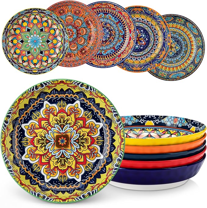 vancasso 32 Oz Pasta Bowls, Porcelain Large Colorful Salad Soup Bowls Set of 6, Dishwasher & Microwave Safe, Pasta Serving Bowls Plates for Kitchen, Dishwasher & Microwave Safe, Series KRVI
