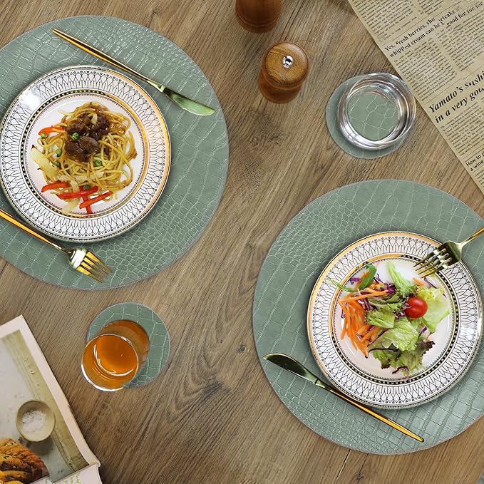 Jovono Round Leather Placemats for Round Tables Set of 6, Green Place Mats and Coasters, Wipeable Waterproof Heat Resistant Table Mats Easy to Care for Indoor Decor 14 inch Diameter