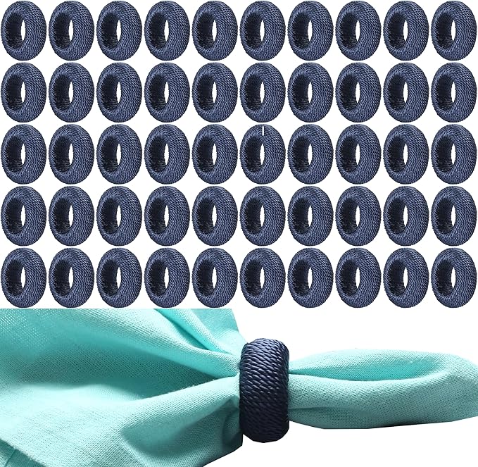 50 Pcs Woven Napkin Rings - Handcrafted Plastic & Rayon Decorative Napkin Holders for Table Settings, Dinner Parties, Weddings, Holiday Décor, Rustic Farmhouse Style (Navy Blue) - ALPHA Living HOME