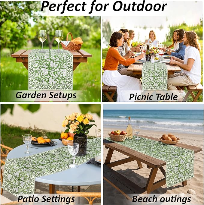 Sage Green Hand Block Print 100% Cotton Table Runner 16x106 Inch | Perfect - Image 7
