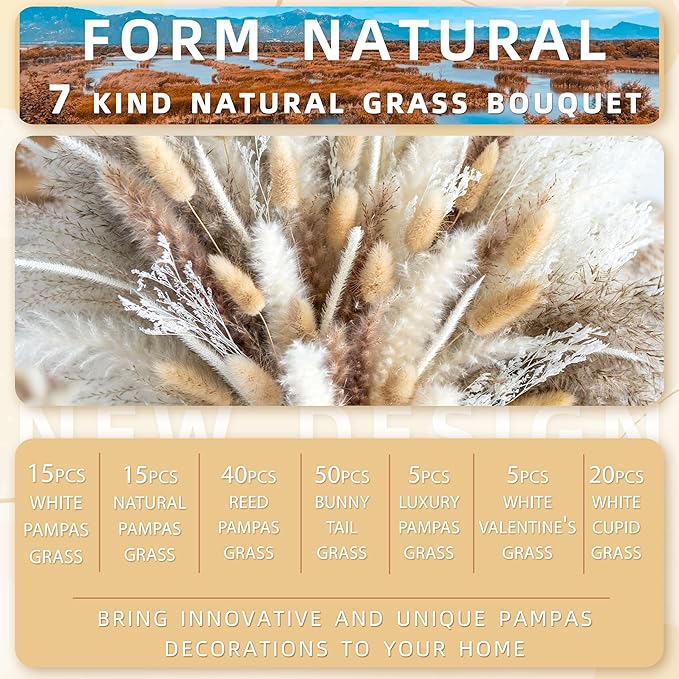 150PCS Natural Pampas Grass Bouquet |Mix Dried Flowers Bouquet for Wedding Decor Boho Decor Home Table Decor Desk Decor, Rustic Farmhouse