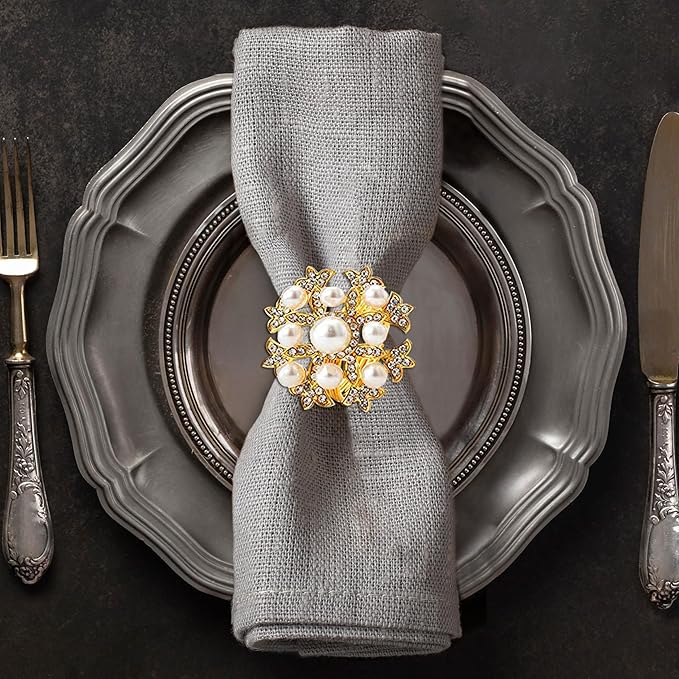 Decozen Set of 16 Gold Napkin Rings with Pearl Design, Festive, Table Decor Setting for Holiday, Wedding, Birthday, Kitchen, Home Decor, Housewarming Gift - Thanksgiving & Christmas Gift Decoration