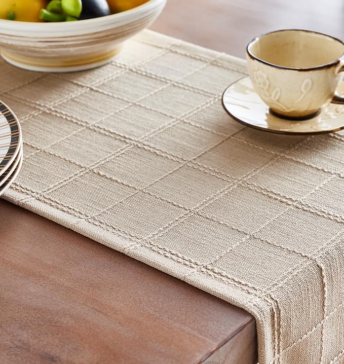 Linen Checked Farmhouse Table Runner, 13x48 Inches Neutral Beige | Raised Grid - Image 5