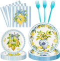 96Pcs Chinoiserie Vase Lemon Party Plates Supplies Capri Lemon Blue White Vase by G1ngtar