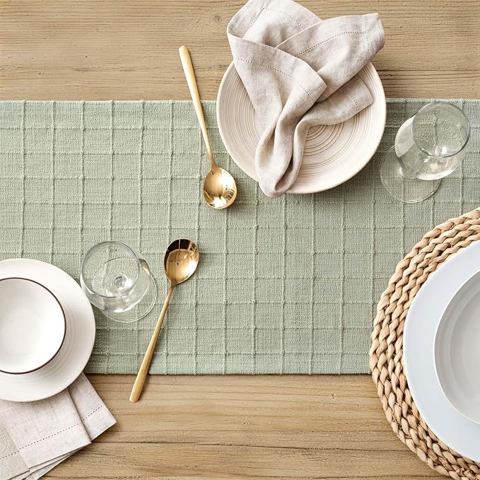 Artisanal Grid Linen Table Runner, 13x90 Inches Seeding Green | Heavy Textured - Image 5