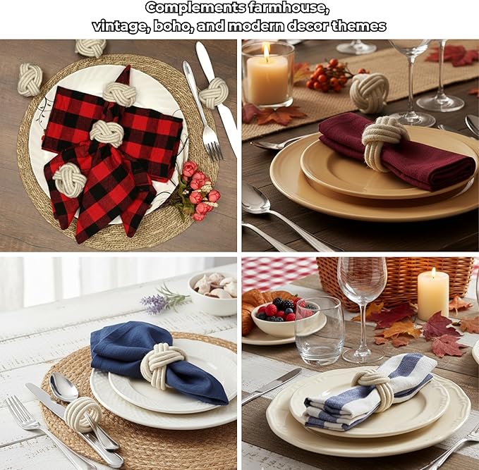 ALPHA Living HOME 8 Pcs Jute Napkin Rings Decorative Napkin Holder Serviette Buckles for Wedding Party Dinner Table Decor Anniversary Birthday Romantic Dinner Holiday, Wedding Daily Use (Off White)