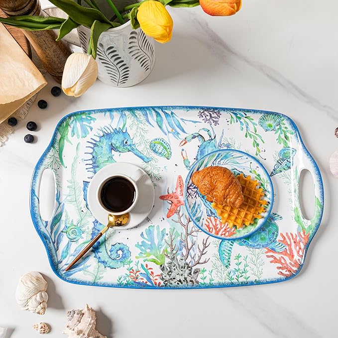 LEHAHA Melamine Pasta Bowls, Set of 6 9.25 inches 42 OZ Large Salad Serving Bowls, Coastal Melamine Dinner Deep Plates, Lightweight Soup/Cereal/Noodle Bowls set, Dishwasher Safe,Oceanic Design…