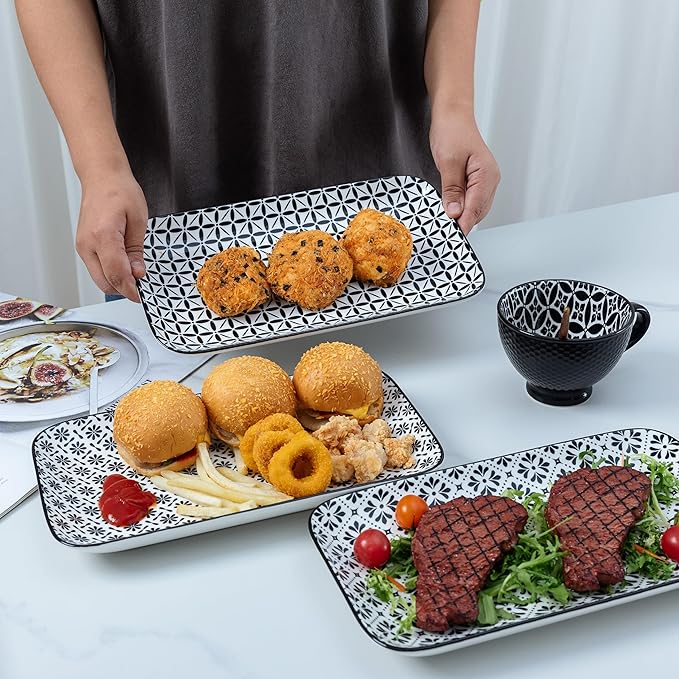 LEHAHA Serving Platters Set of 4, 12" Inch Rectangular Tray, Serving Dishes for Entertaining, Ceramic Serving Trays for Serving Food for Party and Cookies, Microwave & Dishwasher Safe, Black