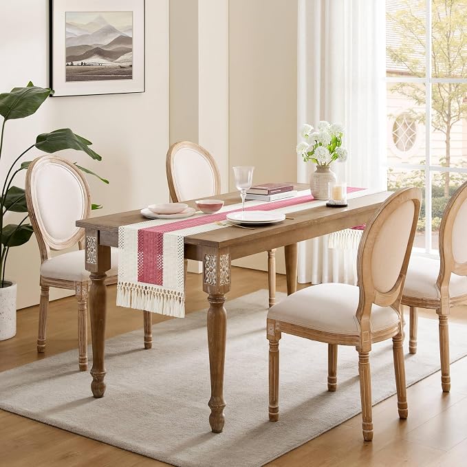 Macrame Style Bicolor Stitching Table Runner 14x72in Dusty Rose | Woven Boho - Image 3