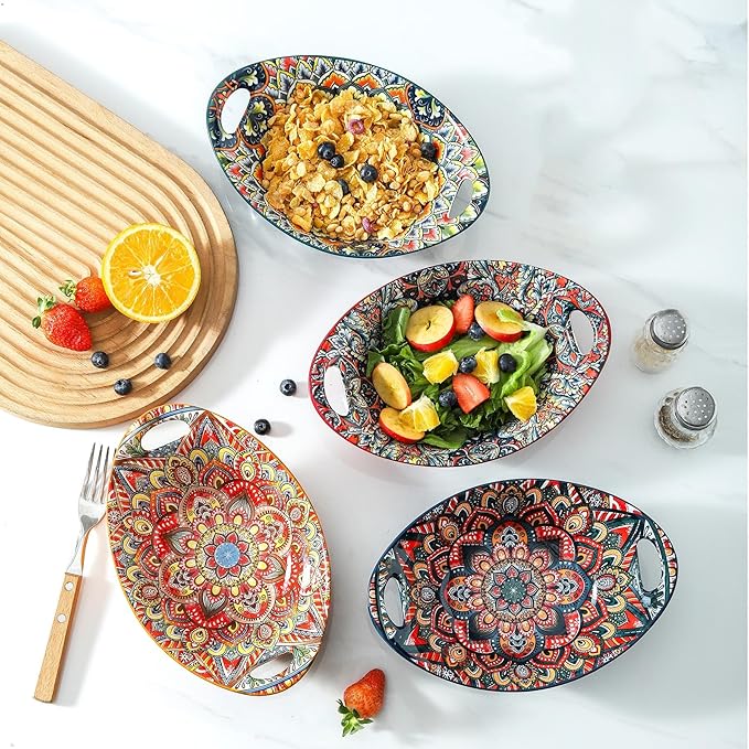 Ceramic Large Soup Bowl with Double Handle 9 inch Set of 4-20 oz, Embossed Bowl Set for Salad, Oatmeal, Dessert, Pasta, Stew, Dishwasher & Microwave Safe - Colorful