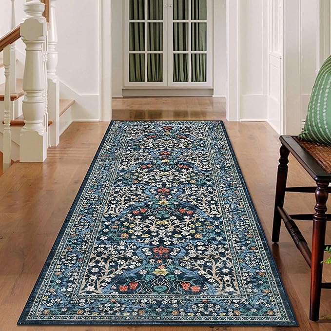 GarveeHome Kitchen 2x6 Runner Rug, Floral Washable Rugs for Hallways Non Slip Stain Resistant, Boho Soft Rug Botanical Carpet for Entryway, Laundry Room, Bedroom Floor Mat, Dark Blue