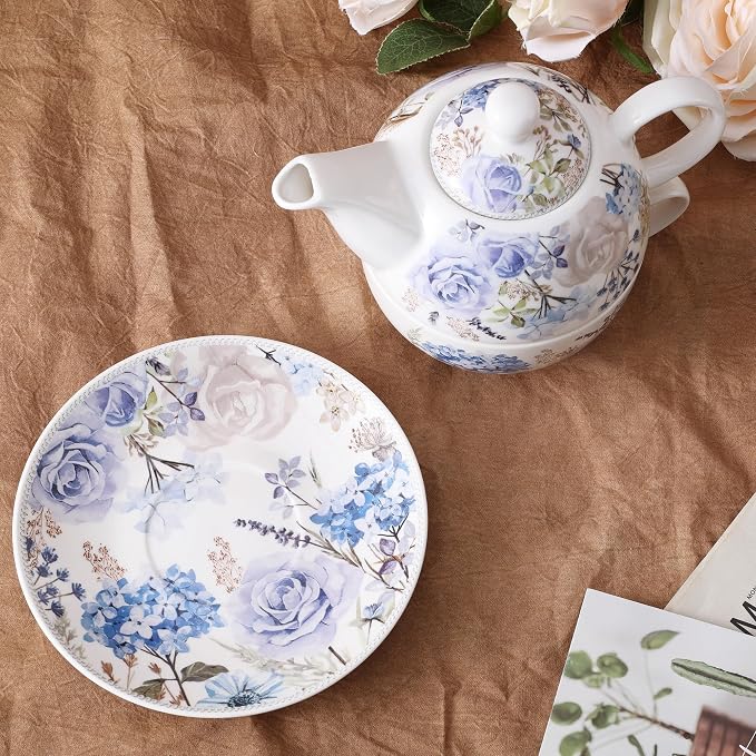 fanquare Blue and Purple Roses and Hydrangeas Porcelain Tea - Image 6