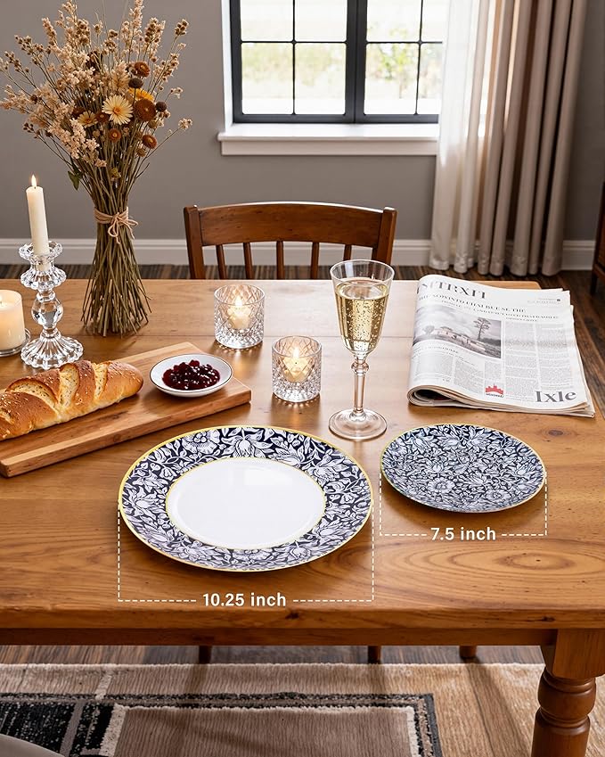 Hioasis 60pcs Plastic Disposable Plates Set - Blue & White Floral Pattern with Gold Rim, 10.25 Dinner & 7.5 Dessert Plates for Wedding,Anniversary,Party and Holiday