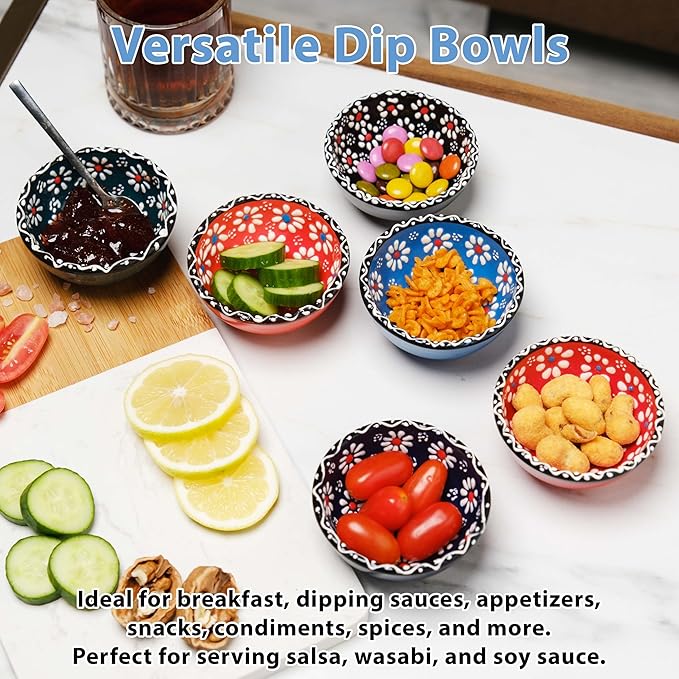Ceramic Small Bowls, Dipping Bowls Set of 6, 3.5 Oz Soy Sauce Dish, Handmade Charcuterie Bowls, Colorful Pinch Bowls, Dishwasher & Microwave Safe Sauce Bowls, 3.2'' Mini Bowls (SULTAN'S GARDEN)