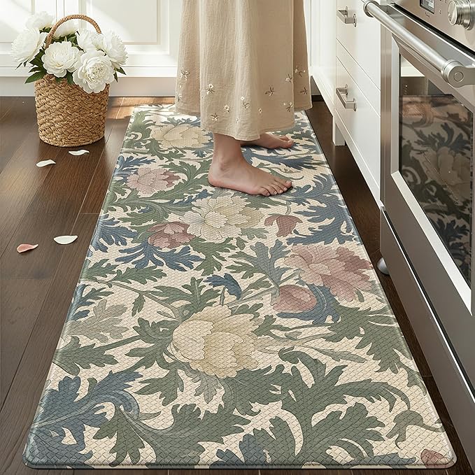 Color&Geometry Floral Kitchen Mat 24"x87", Anti Fatigue Kitchen Mats for Floor, Kitchen Rugs Non Slip, Waterproof & Oil Proof Padded Runner for Standing Desk Office, Sink - Floral Beige