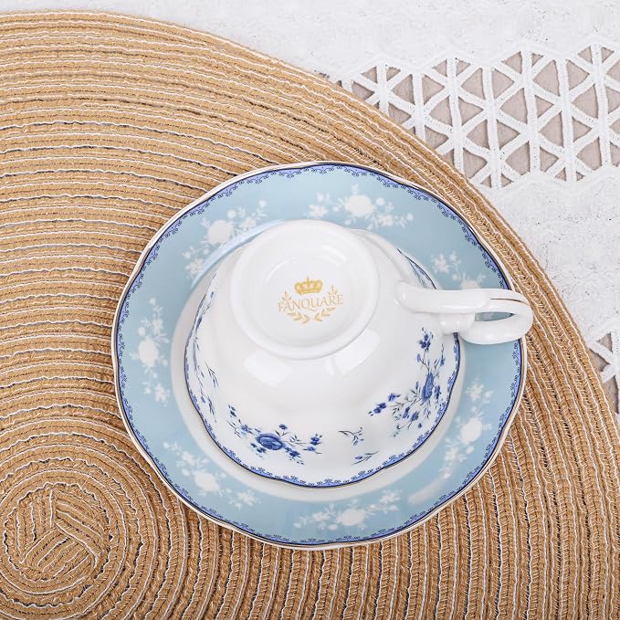 fanquare Blue Rose Porcelain Tea Cup and Saucer Set - Image 3