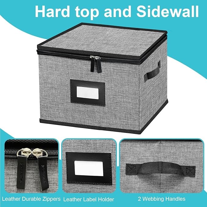 China Storage Containers-Quilted Dish Storage Containers with Lid Hard Shell for Moving Transport, Dinnerware Storage,Stackable Plate Storage,24 Felt Plate Dividers Included,2PACK 12*12*8in