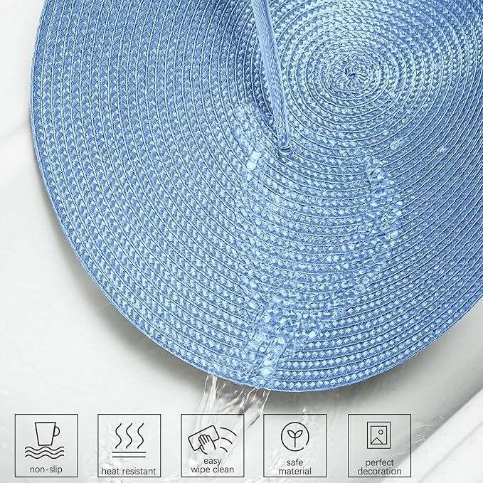 AHHFSMEI Round Braided Placemats 15 Inch Round Table Mats for Dining Tables Natural Woven Heat Resistant Place mats Set of 6 (Sky Blue)