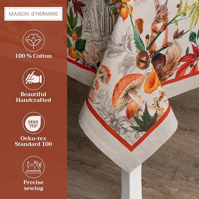 Maison d' Hermine Table Cloth Rectangle Table 100% Cotton 60 x 120 Inches Fall Tablecloth Reusable Everyday Use for Thanksgiving Christmas Decorations Dining Farmhouse Party (Recolte)