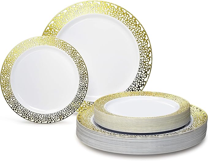 OCCASIONS 240 Plates Pack,(120 Guests) Heavyweight Premium Wedding Party Disposable Plastic Plates Set -120 x 10.25'' Dinner + 120 x 7.5'' Salad/Dessert (Florence White/Gold)