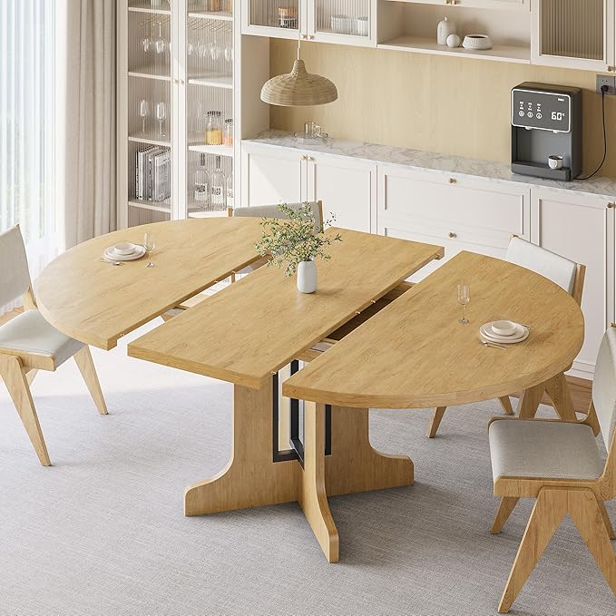 iPormis 59" Round Extendable Dining Table for 4-6, Modern Kitchen Table with Heavy Duty Pedestal Base & Wooden Top, Oval Dining Room Table for Dining Living Room, Easy Assembly, Oak