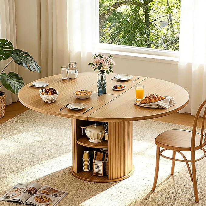 Extendable Round/Oval Dining Table Seats 2-4-6, 59" Modern Farmhouse Design with 2-Tier Storage & Fluted Slide Door, Dining Room Kitchen Furniture (Oak, 59 inches)