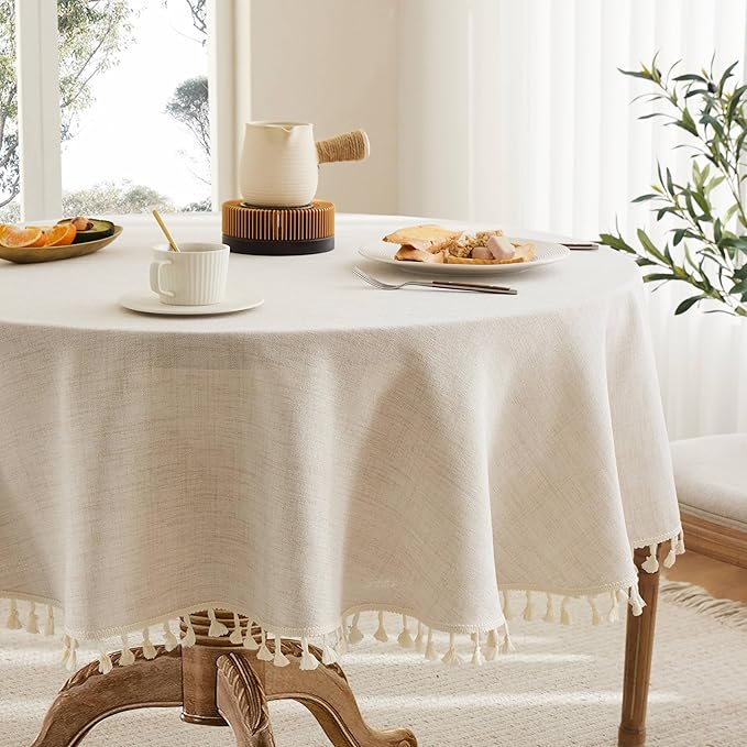 Linen Tablecloth with Tassels, Farmhouse Style Light Beige Tablecloth, Water Resistant Burlap Tablecloths for Round Table, 60 Inch Round Light Tan