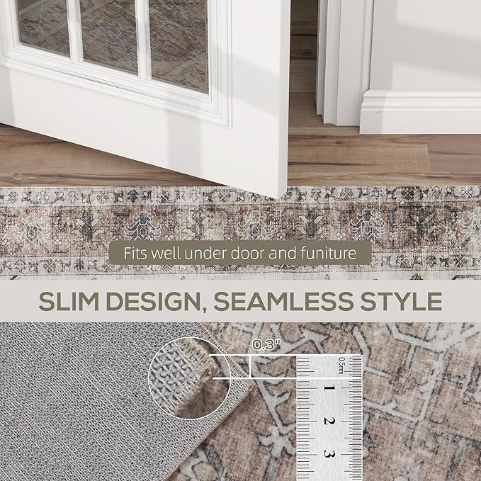 HOMCOM Washable Area Rug, 5'x7' Vintage Indoor Distressed Carpet, Retro Floor Cover Foldable, Floral Print Mat for Living Room, Bedroom, Dining Room, Tan