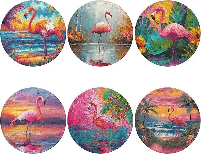 Flamingo Coasters Leather Round Drink Coasters 6 Pcs Set with Holderor for Cup Drink Coffee Table Bar Home Decor