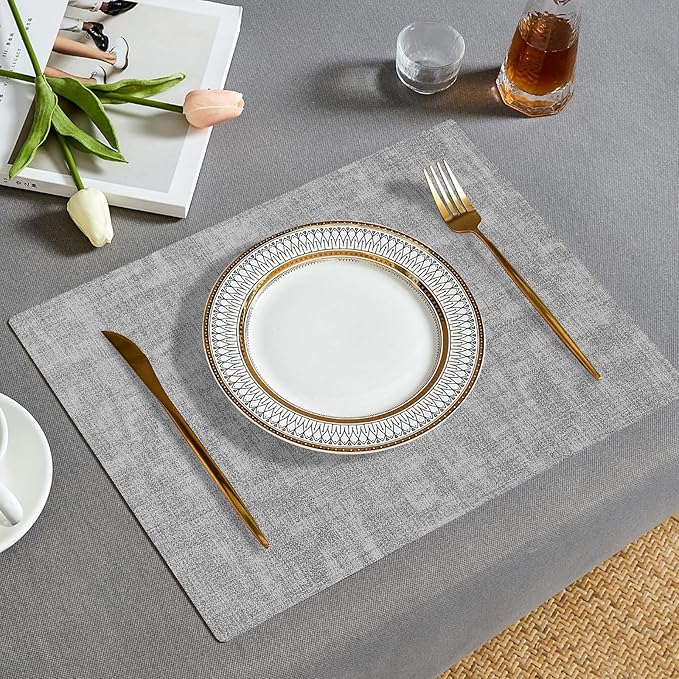 Faux Leather Placemats Set of 6, Heat Resistant Wipeable Washable Vinyl Place Mats, Waterproof Anti-Slip Dining Table Mats, Suitable for Indoor & Outdoor Use (Light Grey)