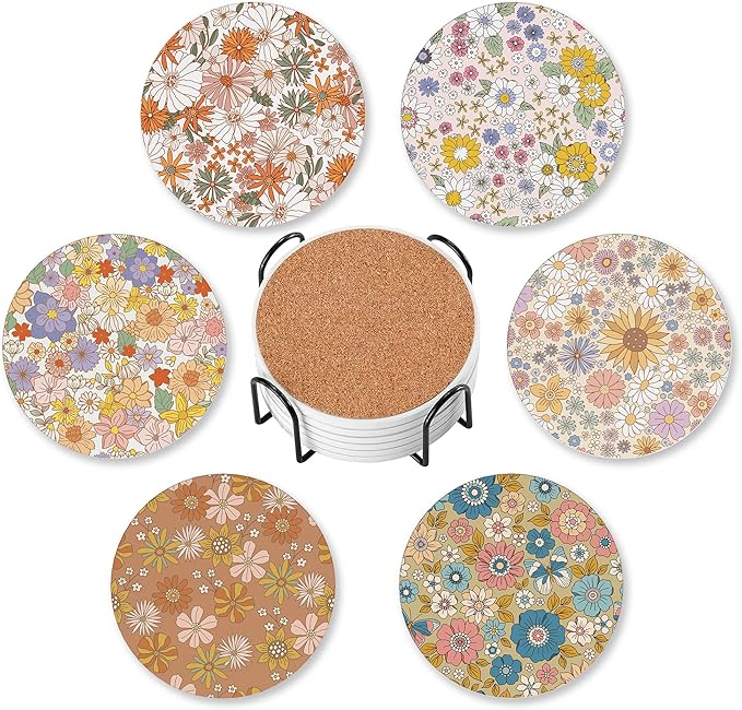 Coasters for Drinks Absorbent with Holder,Retro 70s Floral Sets of 6 Durable Cup Coaster for Coffee Table Protection,Great Housewarming Birthday Gifts,Home Decor