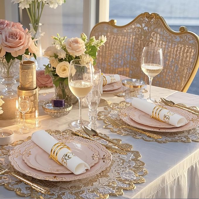 Ciaell 175 PCS Pink and Gold Plastic Plates - Fancy Gold Disposable Dinnerware Set with of 50 Plates, 25 Knives, 25 Forks, 25 Spoons, 25 Cups, 25 Napkins for Party & Weddings & Valentine's Day
