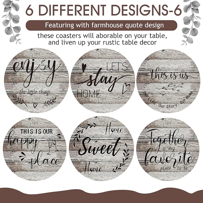 Queekay Coasters Set of 6 House Warming Gifts New Home Wooden Farmhouse Drink - Image 4