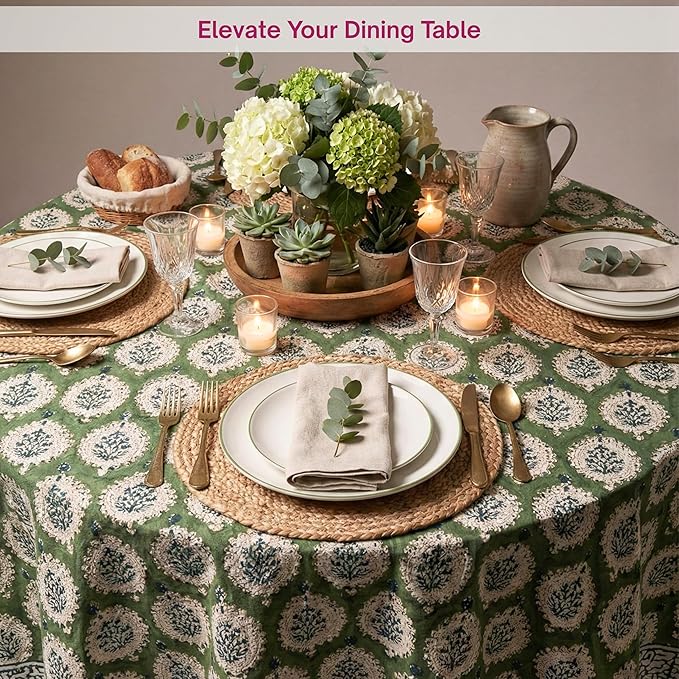 ATOSII Kari Green 100% Cotton Round Boho Spring Summer Tablecloth, Block Print Floral Table Cloth Linen for Dining, Parties, Weddings, OutdoorsI Home Table Decor 90" Inches Round