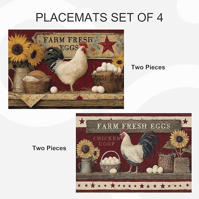 Vintage Rooster Placemats Set of 4 Washable Table Place Mats for Dining Kitchen Party Decor