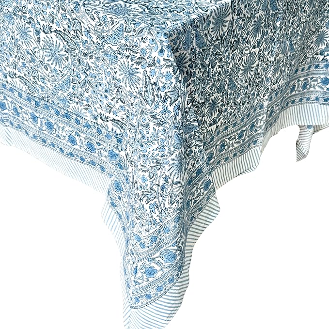 ATOSII Butterfly Blue 100% Cotton Rectangle Summer Tablecloth, Handblock Floral Print Linen Table Cloth for Kitchen Dining I Parties, Weddings, Outdoors, Decor 60 X 108 Inches, 8 Seater