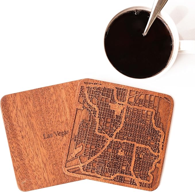 Las Vegas Map Coaster by O3 Design Studio, Set Of 4, Sapele Wooden Coaster With City Map, Handmade