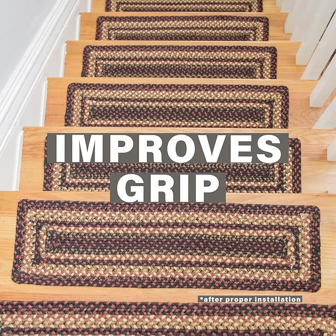 Homespice Prescott Jute Braided Stair Tread, Country Primitive Decor, Set of 13, Black and Red 8x28 Rectangle Rugs for Stairs - Easy to Clean, Tightly Stitched and Durable
