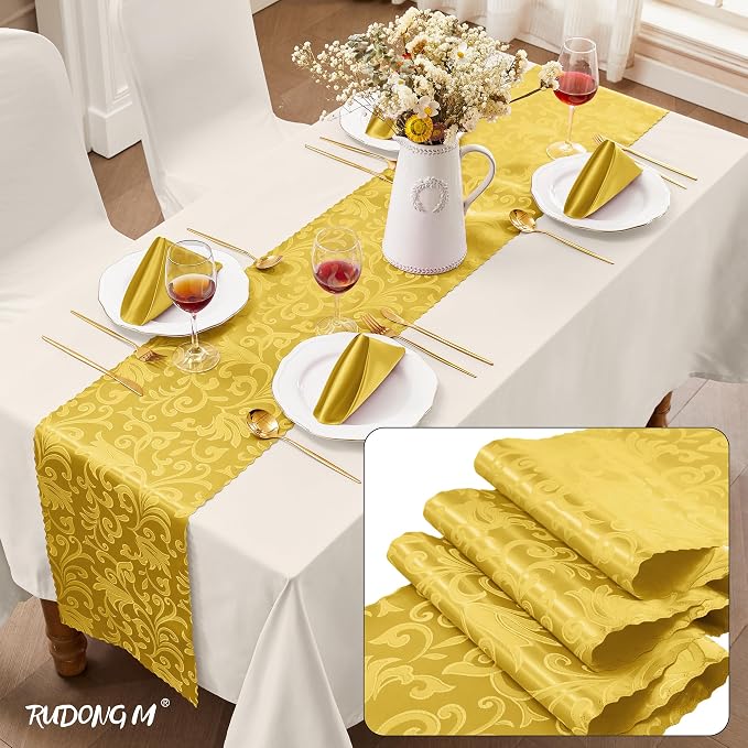 RUDONG M Gold Satin Table Runners, 12 x 108 Inch, 12 Pack | Long Silky Damask - Image 2
