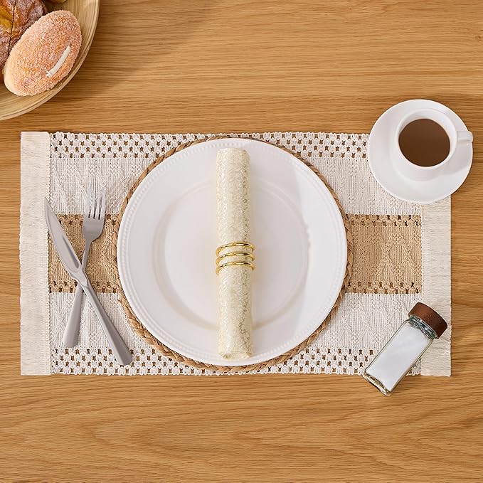 Handmade Boho Placemats Set of 6 - Natural Cotton Burlap and Water Straw Woven Rattan Wicker Braided Combination Table Mats, Macrame Table Décor Farmhouse Bohemian Style for Dining Room Table Kitchen