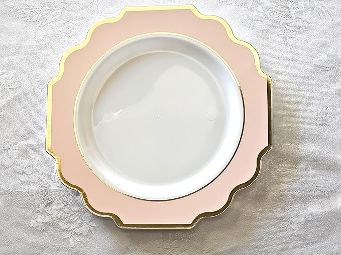" OCCASIONS " 240 Plates Pack (120 Guests) Heavyweight Wedding Party Disposable Plastic Plates Set -120 x 10.5'' Dinner + 120 x 8'' Salad/Dessert Plate (Imperial in Blush & Gold)