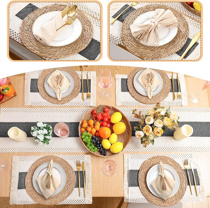 6 Sets Boho Decoration Placemats Round Woven Placemats, Cloth Napkins, Wood - Image 6