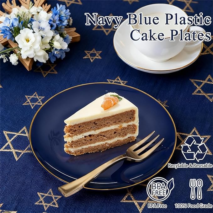 Festiva 400Pcs Navy Blue Gold Dessert Plates 6.3" with Forks 5"- 200PCS Small Disposable Dessert/Cake/Appetizer Plates and 200PCS Forks - Serve 200 Guests for Hanukkah Party&Birthday &New Year
