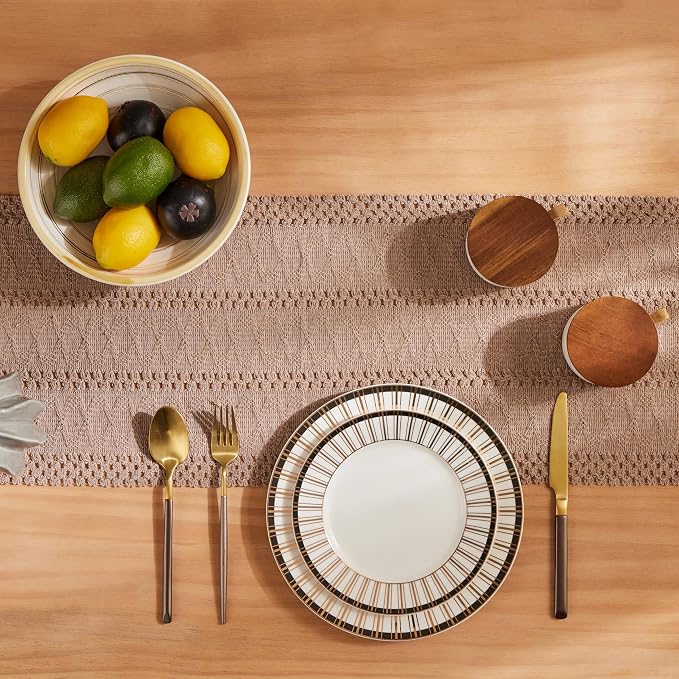 Macrame Style Boho Table Runner, 12x36 Inch Taupe | Woven Boho Table Runner - Image 4
